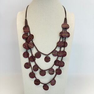 Burgundy Multi Strand Bib Necklace Gold Stripe Disc Charms Boho Statement Layer